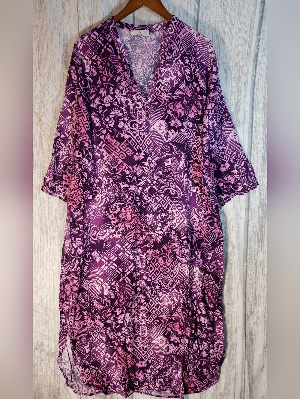Natori Caftan Lounge Dress Vibrant purple V Neck3/4 Sleeve Size XL